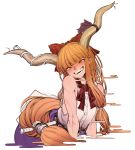  1girl bangs blunt_bangs bow breasts fangs hair_bow half-closed_eyes highres horn_ribbon horns ibuki_suika long_hair low-tied_long_hair oni open_mouth orange_eyes orange_hair ribbon shirt sleeveless sleeveless_shirt small_breasts smile solo space_jin toned touhou upper_body very_long_hair 