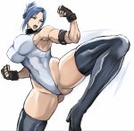  1girl abs black_gloves black_legwear blair_dame blue_hair breasts fighting_stance gloves highleg highleg_leotard leg_up leotard muscle muscular_female shibusun street_fighter street_fighter_ex_(series) thick_thighs thigh-highs thighs tied_hair white_leotard 