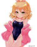  1girl absurdres blonde_hair blue_swimsuit competition_school_swimsuit cowboy_shot flat_chest green_eyes hairband highleg highleg_swimsuit highres idolmaster idolmaster_cinderella_girls jacket looking_at_viewer pink_jacket sakurai_momoka school_swimsuit short_hair smile solo swimsuit thigh_gap touda_iria twitter_username wet wet_clothes wet_swimsuit 