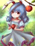  1girl animal_ears apple arms_up blue_dress blue_hair collarbone cowboy_shot crescent_print day dress ear_clip eyebrows_visible_through_hair food frilled_skirt frills fruit grass hair_between_eyes highres holding holding_food holding_fruit kayon_(touzoku) looking_at_viewer low_twintails outdoors puffy_short_sleeves puffy_sleeves rabbit_ears red_eyes seiran_(touhou) short_hair short_sleeves skirt smile solo standing star star_print stream symbol_commentary touhou tree_branch twintails 