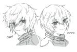  1boy bangs belt closed_mouth english_text frown greyscale hair_between_eyes kuga_yuuma looking_at_viewer male_focus monochrome multiple_views simple_background smile standard666 turtleneck white_background world_trigger 