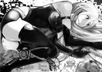  1girl android ass bare_shoulders breasts chienon closed_mouth elbow_gloves frown gloves hair_between_eyes highres joints long_hair lying medium_breasts monochrome nier_(series) nier_automata on_side robot_joints screw short_shorts shorts solo thigh-highs thighs very_long_hair yorha_type_a_no._2 