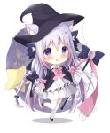  1girl :o akatsuki_(ytkg5558) animal_ears artist_name black_bow black_jacket blush bow bowtie brown_footwear cat_ears cat_girl cat_tail chibi chinese_commentary commentary_request fang full_body grey_hair halloween hat highres holding holding_staff jacket leg_up long_hair looking_at_viewer multicolored_hair open_mouth original pink_bow pink_bowtie pink_hair pleated_skirt shirt simple_background skirt sleeves_past_fingers sleeves_past_wrists solo staff standing streaked_hair tail tail_bow tail_ornament thick_eyebrows thigh-highs violet_eyes white_background white_legwear white_shirt white_skirt wide_sleeves witch witch_hat zettai_ryouiki 
