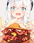  1girl animal_ears aqua_eyes blush braid collarbone drooling english_commentary eyebrows_visible_through_hair food hamburger highres holding holding_food hololive meemo mouth_drool open_mouth shirakami_fubuki solo star star-shaped_pupils sweat symbol-shaped_pupils white_hair 