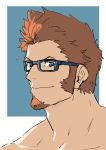  1boy bare_shoulders beard blue_eyes brown_hair close-up closed_mouth face facial_hair fate/grand_order fate_(series) glasses goatee highres looking_at_viewer male_focus monmonhomon napoleon_bonaparte_(fate/grand_order) shirtless sideburns simple_background sketch smile solo upper_body 