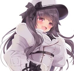  1girl azur_lane belt black_gloves black_hair blush breasts coat coat_dress eyebrows_visible_through_hair fur-trimmed_coat fur-trimmed_sleeves fur_trim gloves hat large_breasts long_hair long_sleeves open_mouth padded_coat pamiat_merkuria_(azur_lane) russian_clothes sakura_(ichisakupink) sidelocks simple_background smile solo under_boob violet_eyes white_background white_coat white_headwear 