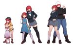  age_progression bandaid bandaid_on_knee bangs biriri_(space_jin) boots breasts commentary_request denim dress grin hair_ornament hair_over_eyes hairclip hand_on_hip hand_up hat height_difference high_ponytail highres huge_breasts jeans large_breasts low_twintails main_(space_jin) miniskirt open_mouth original pants pink_dress pleated_skirt redhead school_uniform shoes short_hair short_shorts short_twintails shorts sidelocks skirt smile sneakers space_jin sweater thigh-highs turtleneck turtleneck_sweater twintails w yellow_eyes zettai_ryouiki 