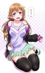  1girl :3 bangs black_legwear blush bow frilled_skirt frills green_skirt hair_between_eyes hair_bow halftone halftone_background heart highres jacket konoe_kanata lavender_shirt long_hair long_sleeves looking_at_viewer love_live! love_live!_school_idol_festival multicolored multicolored_clothes multicolored_jacket nail_polish off-shoulder_shirt off_shoulder open_mouth pink_bow polka_dot polka_dot_background purple_bow seiza shirt sitting skirt smile solo speech_bubble striped striped_bow thigh-highs translation_request twintails two-tone_footwear violet_eyes yopparai_oni 