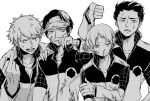  4boys alternate_hairstyle anger_vein angry blood blood_on_face bloody_clothes cuts dirty_clothes furrowed_eyebrows greyscale ikoma_tatsuhito injury long_sleeves looking_at_viewer looking_away looking_down male_focus middle_finger minamisawa_kai mizukami_satoshi_(world_trigger) mole mole_under_eye monochrome multiple_boys nama_(myouko) nosebleed oki_kouji open_mouth short_sleeves side-by-side spiky_hair thumbs_down upper_body visor_cap widow&#039;s_peak world_trigger 