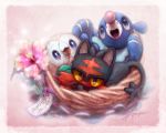  :d basket bird blue_eyes cat commentary creature english_commentary english_text flower gen_7_pokemon ja-punkster litten looking_at_viewer no_humans open_mouth pink_background pokemon pokemon_(creature) rowlet seal signature simple_background smile violet_eyes yellow_sclera 