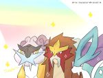  9koma commentary english_commentary english_text entei gen_2_pokemon legendary_pokemon pokemon pokemon_(game) pokemon_gsc pokemon_gsc_beta raikou rainyazurehoodie simple_background sparkle suicune white_background 