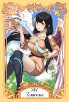  1girl absurdres belt black_hair breasts brown_dress collarbone dress english_text girls_frontline highres long_hair looking_at_viewer multicolored multicolored_eyes multicolored_hair open_mouth red_eyes ro635_(girls_frontline) roman_numerals simple_background solo stigmamyu tarot temperance_(tarot_card) thigh-highs water wings yellow_eyes 