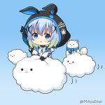  1girl :3 animal animal_ears animal_hood bangs black_gloves blue_background blue_bow blue_eyes blue_hair bow brooch bunny_hood chibi closed_mouth clouds collarbone commentary_request dog eyebrows_visible_through_hair fake_animal_ears fingerless_gloves gloves gochuumon_wa_usagi_desu_ka? gradient gradient_background gradient_hair green_hair hair_between_eyes hair_ornament holding hood hood_up jacket jewelry kafuu_chino long_sleeves miicha multicolored_hair rabbit_ears shirt solid_circle_eyes solo twitter_username white_jacket white_shirt x_hair_ornament 