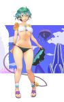  1girl bikini breasts chest_jewel from_below glasses green_eyes green_hair heart highres medium_breasts natto_soup navel open_mouth pointy_ears purple_nails round_eyewear saika_(xenoblade) sandals short_hair side-tie_bikini skirt skirt_removed solo swimsuit tail under_boob xenoblade_(series) xenoblade_2 