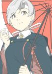  1girl chitose_(kantai_collection) collared_shirt grey_eyes grey_hair headband japanese_clothes kantai_collection kariginu long_hair looking_at_viewer ninimo_nimo oriental_umbrella ponytail red_umbrella shirt solo umbrella upper_body white_shirt 