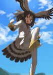  1girl action bird_girl bird_tail bird_wings blonde_hair brown_eyes brown_feathers brown_hair commentary_request eyebrows_visible_through_hair feathers from_below gloves hair_between_eyes head_wings highres jacket kemono_friends kicking long_hair long_sleeves looking_at_viewer multicolored_hair necktie northern_goshawk_(kemono_friends) open_mouth pantyhose pleated_skirt rumenia_(ao2is) shirt skirt solo striped striped_neckwear white_feathers white_gloves white_jacket white_shirt white_skirt wings yellow_footwear 