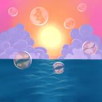  bubble clouds cloudy_sky commentary english_commentary fushigi_no_dungeon louveo no_humans ocean pokemon pokemon_(game) pokemon_fushigi_no_dungeon scenery sky sun twilight water 