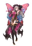  1girl arm_up conope fairy_wings fire_emblem fire_emblem_heroes full_body gradient_hair grey_hair long_hair multicolored_hair plant plumeria_(fire_emblem) ponytail red_eyes simple_background sleeveless solo twitter_username vines white_background wings 
