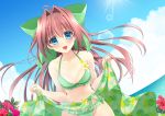  1girl asakura_otome bikini blue_eyes blush bow breasts brown_hair clouds cloudy_sky collarbone commentary_request da_capo da_capo_ii day dutch_angle eyebrows_visible_through_hair floating_hair flower_request green_bikini green_bow hair_between_eyes hair_bow hair_intakes highres kayura_yuka light_rays long_hair looking_at_viewer navel ocean open_mouth sarong sarong_lift sky small_breasts smile solo swimsuit 