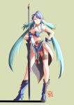  1girl aqua_hair automatic_giraffe boots breasts contrapposto dated green_background high_heel_boots high_heels judith large_breasts looking_at_viewer midriff polearm red_eyes shrug_(clothing) smile solo tales_of_(series) tales_of_vesperia thighs weapon 