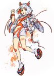  1girl animal_ears bell collarbone goumoto highres jacket multicolored multicolored_hair navel open_mouth orange_eyes orange_footwear orange_hair orange_theme original see-through short_hair solo tail teeth tongue upper_teeth white_hair white_jacket wide_sleeves 