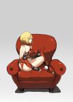  1girl ass back bare_shoulders blonde_hair blue_eyes couch grey_background highres lamian_(pixiv415608) mechanical_arm mechanical_legs original short_hair simple_background sitting solo 