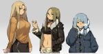 3girls bangs black_eyes black_panties blonde_hair blue_eyes blue_hair blush breasts brown_hair coat dark_skin earmuffs fur_trim glasses grey_background grin hand_in_hair highres lamian_(pixiv415608) looking_at_viewer multiple_girls navel original panties parted_bangs simple_background skirt smile thong turtleneck underwear winter_clothes winter_coat