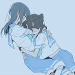  2girls black_hair blue_background blue_hair blue_sailor_collar blue_skirt blush closed_eyes hibike!_euphonium hug kasaki_nozomi kitauji_high_school_uniform long_hair multiple_girls neckerchief red_eyes ree_(re-19) sailor_collar school_uniform shirt short_ponytail simple_background skirt socks watch watch white_legwear white_shirt yoroizuka_mizore 