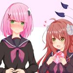  2girls ahoge blush brown_eyes brown_hair chiyoda_momo curled_horns demon_girl demon_horns demon_tail eyebrows_visible_through_hair gift green_eyes hair_ornament hairclip highres horns long_hair mac_4229 machikado_mazoku multiple_girls pink_background pink_hair school_uniform serafuku shiny shiny_hair short_hair skirt tail tail_wagging yoshida_yuuko_(machikado_mazoku) yuri 