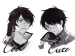  1boy adjusting_eyewear bangs closed_mouth english_text frown glasses gloves greyscale hand_on_eyewear long_sleeves looking_at_viewer male_focus mikumo_osamu monochrome multiple_views simple_background smile standard666 sweat swept_bangs white_background world_trigger 