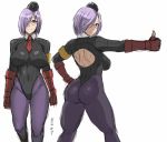  1girl ass breasts cosplay fate/grand_order fate_(series) garrison_cap glasses gloves hair_over_one_eye hat large_breasts leotard looking_at_viewer mash_kyrielight multiple_views necktie purple_hair shadaloo_dolls shibusun short_hair simple_background sketch smile street_fighter thumbs_up violet_eyes white_background 