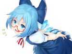  1girl :d arms_behind_back asutora bangs bespectacled blue_bow blue_dress blue_eyes blue_hair bow cirno commentary_request dress eyebrows_visible_through_hair glasses hair_between_eyes hair_bow ice ice_wings leaning_forward neck_ribbon open_mouth pinafore_dress puffy_short_sleeves puffy_sleeves red-framed_eyewear red_neckwear red_ribbon ribbon semi-rimless_eyewear shirt short_hair short_sleeves simple_background smile solo teeth touhou under-rim_eyewear white_background white_shirt wings 