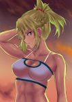 1girl bandeau blue_eyes braid breasts cowboy_shot facing_away fate/apocrypha fate_(series) french_braid hakase_yurisuki hand_in_hair looking_at_viewer medium_breasts mordred_(fate) mordred_(fate)_(all) ponytail red_scrunchie scrunchie solo upper_body 