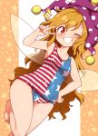  1girl ;d american_flag blonde_hair blue_swimsuit blush breasts clownpiece covered_navel fairy_wings grin harusame_(unmei_no_ikasumi) hat jester_cap long_hair looking_at_viewer one-piece_swimsuit one_eye_closed open_mouth orange_background polka_dot purple_headwear red_eyes red_swimsuit small_breasts smile solo star star_print starry_background swimsuit touhou transparent_wings two-tone_background v white_background wide_hips wings 