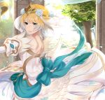  1girl blonde_hair blue_eyes bride crown dress earrings fire_emblem fire_emblem_heroes fjorm_(fire_emblem) from_side haru_(nakajou-28) highres jewelry looking_to_the_side parted_lips petals short_hair solo tree wedding_dress white_dress 