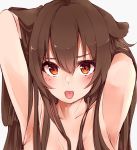  1girl :p animal_ears arm_up blush breasts brown_eyes brown_hair collarbone commentary_request dog_ears eyebrows_visible_through_hair hair_between_eyes hands_in_hair hololive inugami_korone long_hair looking_at_viewer medium_breasts solo techi_(siro-white_0803) tongue tongue_out upper_body white_background 