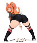  1girl ;p animal_ears ass bent_over bike_shorts black_footwear blue_eyes boots breasts character_name commentary english_commentary facial_mark fictional_persona fox_ears fox_tail frills full_body garter_straps garters highres long_hair looking_back medium_breasts meme ok_sign one_eye_closed orange_hair original over-kneehighs pink_legwear ponytail solo taiger tail thick_thighs thigh-highs thighs tongue tongue_out vrchat when_you_see_it 