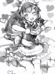  1girl :3 :d alternate_costume animal_ears apron blush enmaided gloves greyscale hair_ornament hairband hairclip head_tilt heart heart_background heart_hands highres hololive long_hair looking_at_viewer maid maid_headdress monochrome nanashi_(nlo74593630) one_eye_closed ookami_mio open_mouth skirt smile solo standing sweatdrop thigh-highs waist_apron wolf_ears 