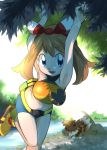  1girl armpits blue_eyes breasts brown_hair camisole character_request hainchu haruka_(pokemon) long_hair looking_at_viewer pokemon pokemon_(creature) pokemon_(game) pokemon_oras pokemon_xy shorts smile solo 
