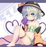  1girl baku-p bare_shoulders barefoot bikini black_choker black_headwear bow choker flat_chest green_bikini green_eyes green_hair hair_between_eyes hair_ornament hair_scrunchie hat hat_bow heart heart_print holding komeiji_koishi leg_garter looking_at_viewer medium_hair off_shoulder scrunchie shirt solo strapless strapless_bikini swimsuit third_eye touhou yellow_bow yellow_shirt 