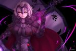  1girl ahoge armor armored_dress artist_name bangs black_background blush breasts cape commentary_request eyebrows_visible_through_hair fate/grand_order fate_(series) fur-trimmed_cape fur_collar fur_trim gauntlets grin headpiece jeanne_d&#039;arc_(alter)_(fate) jeanne_d&#039;arc_(fate)_(all) large_breasts looking_at_viewer magic paolo_espana red_cape short_hair silver_hair smile solo yellow_eyes 