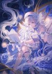  1girl bird book bow column commentary commission copyright_request gloves hat head_wings hexagram highres long_hair maccha_(mochancc) night night_sky pillar ribbon sky solo star star_of_david tagme violet_eyes wand white_hair 