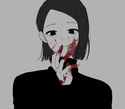  1girl 9jaen9 black_eyes black_hair blood blood_on_face bloody_hands grey_background long_sleeves original short_hair simple_background solo spot_color turtleneck 