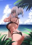  1girl arknights arm_strap ass bangs bare_arms bare_shoulders bikini bishi_(bishi) black_swimsuit blue_sky breasts clouds commentary_request cowboy_shot day from_behind hand_up horns hypergryph_(arknights) large_breasts looking_at_viewer looking_back multi-strapped_bikini ocean original outdoors plant profile short_hair silver_hair sky solo standing swimsuit thighs tied_hair water yellow_eyes 