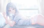  1girl ass blurry blurry_background breasts curtains day eyebrows from_side grey_eyes highres indoors large_breasts looking_at_viewer lying on_stomach original panties pigonhae shirt short_hair short_sleeves silver_hair solo underwear white_panties white_shirt window 