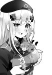  2girls absurdres bangs beret blunt_bangs blush breasts clming commentary_request embarrassed eyebrows_visible_through_hair facial_mark fallen_down girls_frontline greyscale hair_between_eyes hair_ornament hat highres hk416_(girls_frontline) jacket long_hair monochrome multiple_girls scar ump45_(girls_frontline) upper_body 