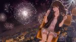  1girl amusement_park black_jacket brown_eyes brown_hair catzz collarbone eyebrows_visible_through_hair ferris_wheel fireworks flying_swings highres jacket looking_away medium_hair night night_sky original outdoors scenery shirt sitting skirt sky solo white_shirt white_skirt 