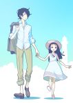  1boy 1girl :d black_hair brown_footwear day dress facial_hair father_and_daughter goto_hime goto_kakushi hair_over_one_eye hat highres holding_hands jacket_over_shoulder kakushigoto long_hair open_mouth outdoors pants pink_footwear shirt sjw_kazuya smile stubble walking white_shirt 