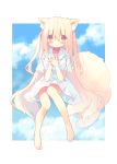  1girl absurdres animal_ear_fluff animal_ears bangs blonde_hair blue_sky blush breasts closed_mouth clouds cloudy_sky collarbone commentary_request day dress eyebrows_visible_through_hair fox_ears fox_girl fox_tail full_body hair_between_eyes hands_together hands_up highres long_hair medium_breasts original own_hands_together red_eyes sailor_collar sailor_dress short_sleeves sitting sky solo tail two_side_up very_long_hair white_dress white_sailor_collar wide_sleeves yunochia 