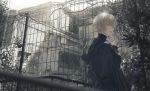  1boy bangs black_jacket blonde_hair blue_eyes building cat chain-link_fence fence highres jacket looking_at_viewer male_focus orexxxo original outdoors plant solo 